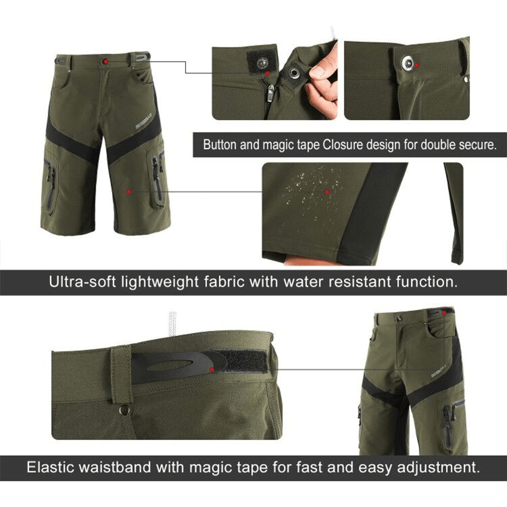 Green water-resistant downhill mountain bike shorts with elastic waistband, button closure, and reflective detailing for cycling comfort.