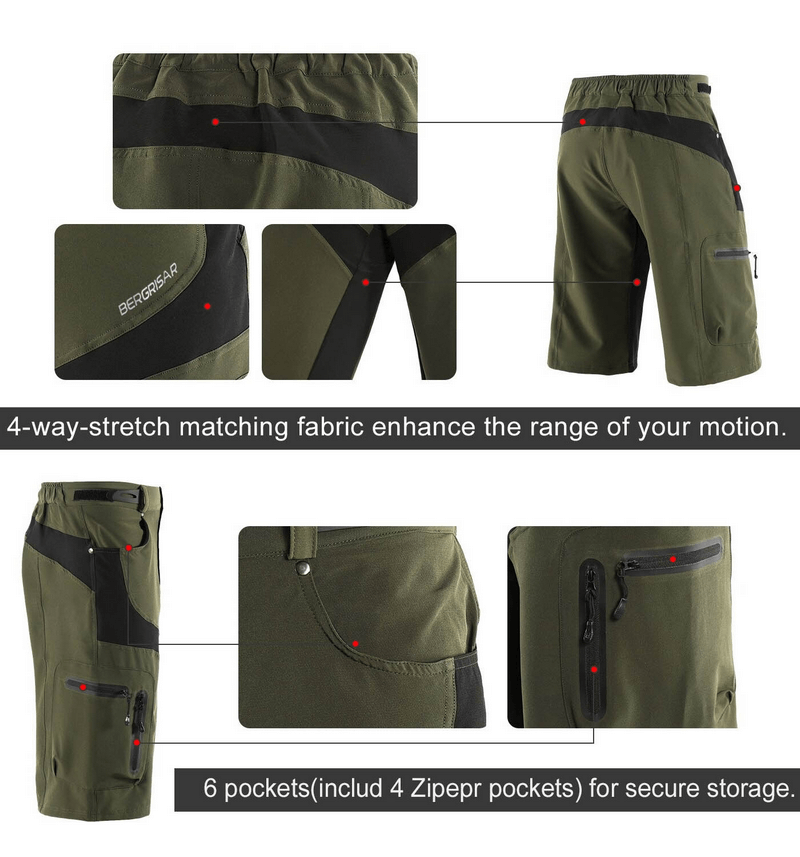 Olive green water-resistant mountain bike shorts with 4-way stretch fabric, reflective details, and six secure zippered pockets.
