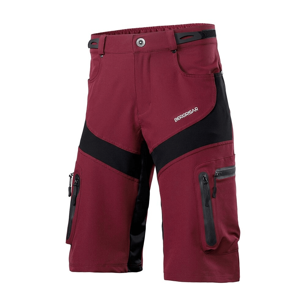 Water-resistant red and black mountain bike shorts with pockets and reflective detailing for night visibility.