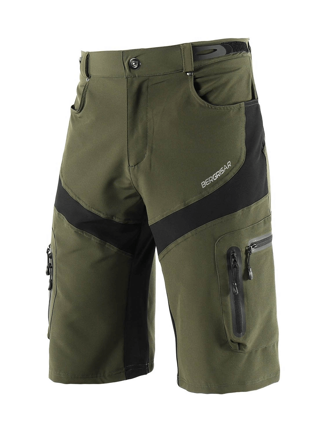 Water-resistant green mountain bike shorts, featuring black accents, zip pockets, and reflective detailing for cycling durability and visibility.