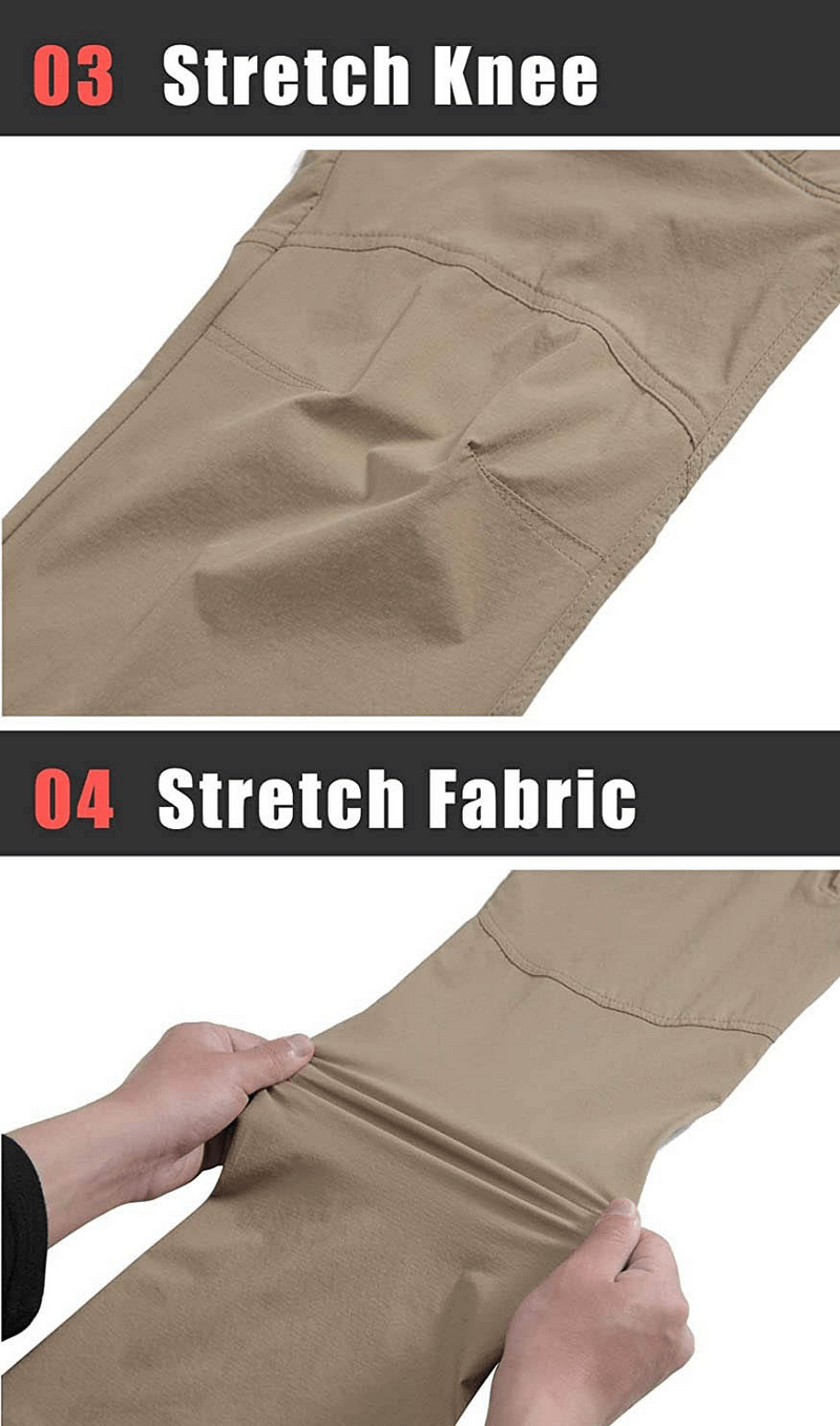 Stretch knee and fabric of water resistant fishing pants in khaki, showcasing flexibility and comfort for avid anglers.