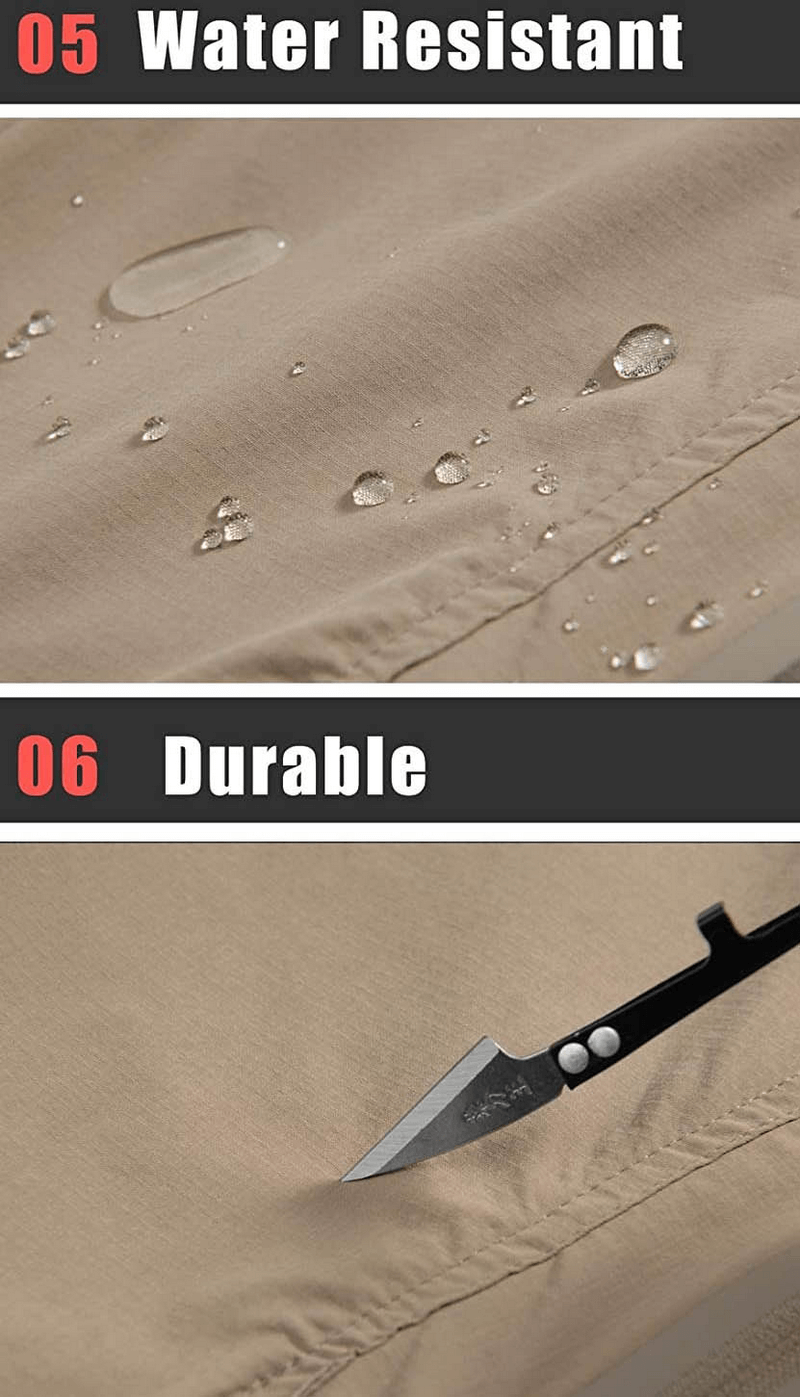 Close-up of water resistant and durable fishing pants, showing water droplets and a knife near zipper pocket for SF0393.