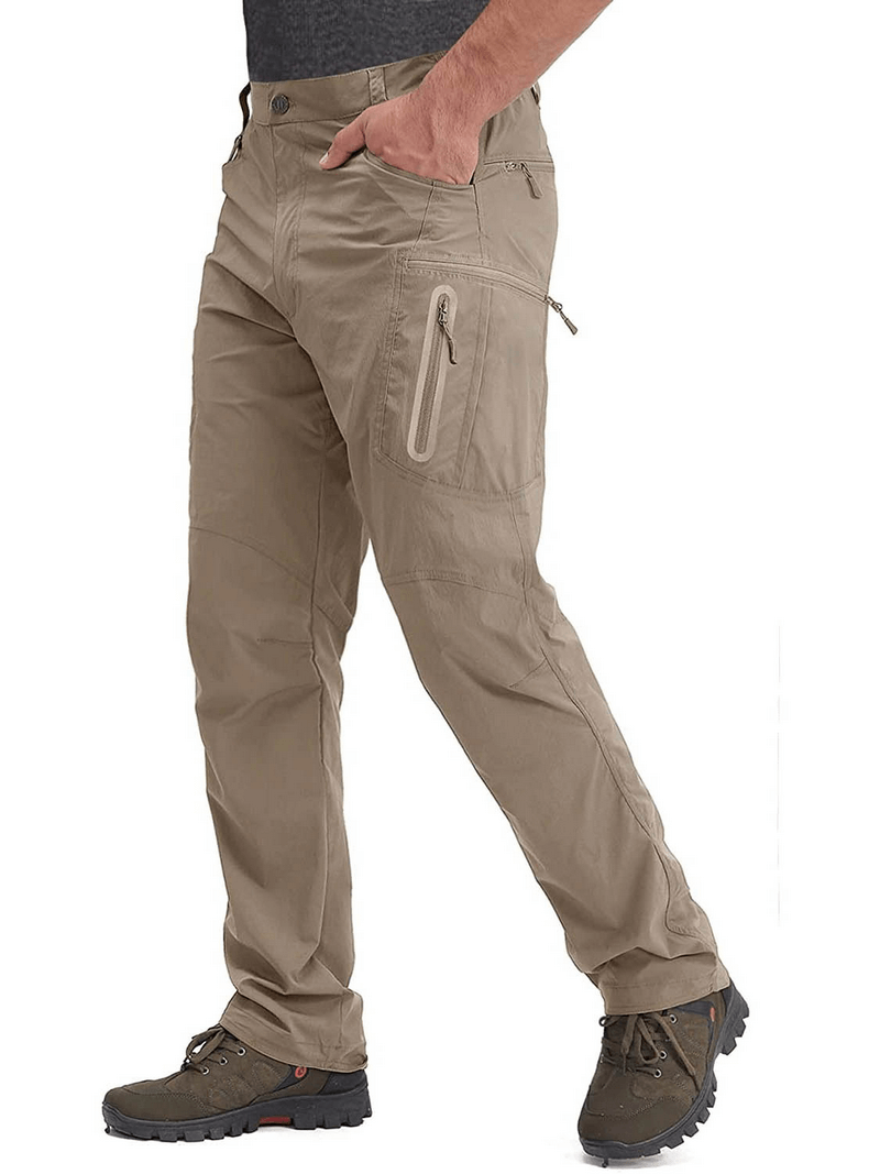 Khaki water resistant fishing pants with zipper pockets, perfect for outdoor adventures. Lightweight and comfortable fit for anglers.