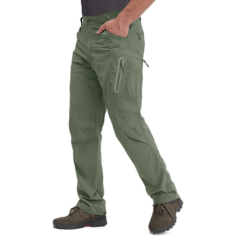 Army green water-resistant lightweight fishing pants with zipper pockets for comfort and utility on fishing trips.
