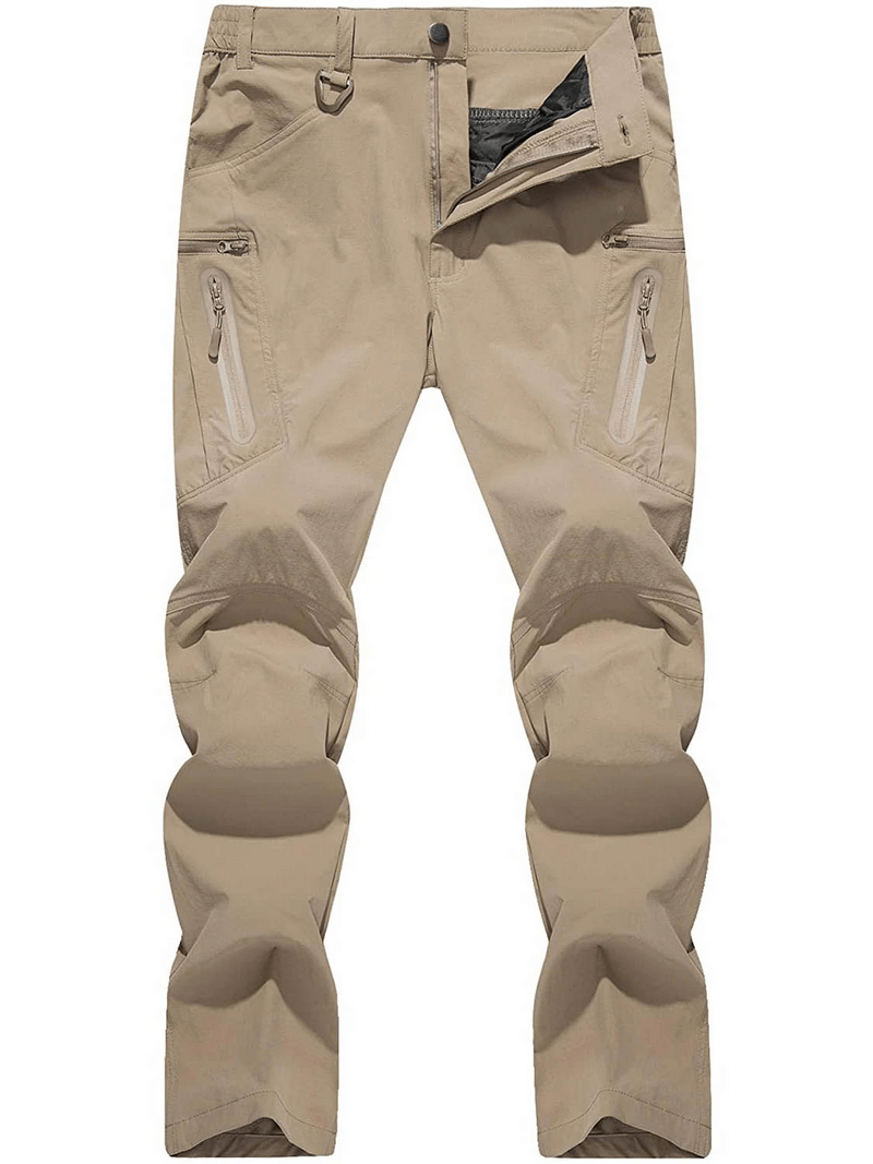 Khaki water resistant lightweight fishing pants with zipper pockets, perfect for comfort and storage on fishing trips, SF0393 style.