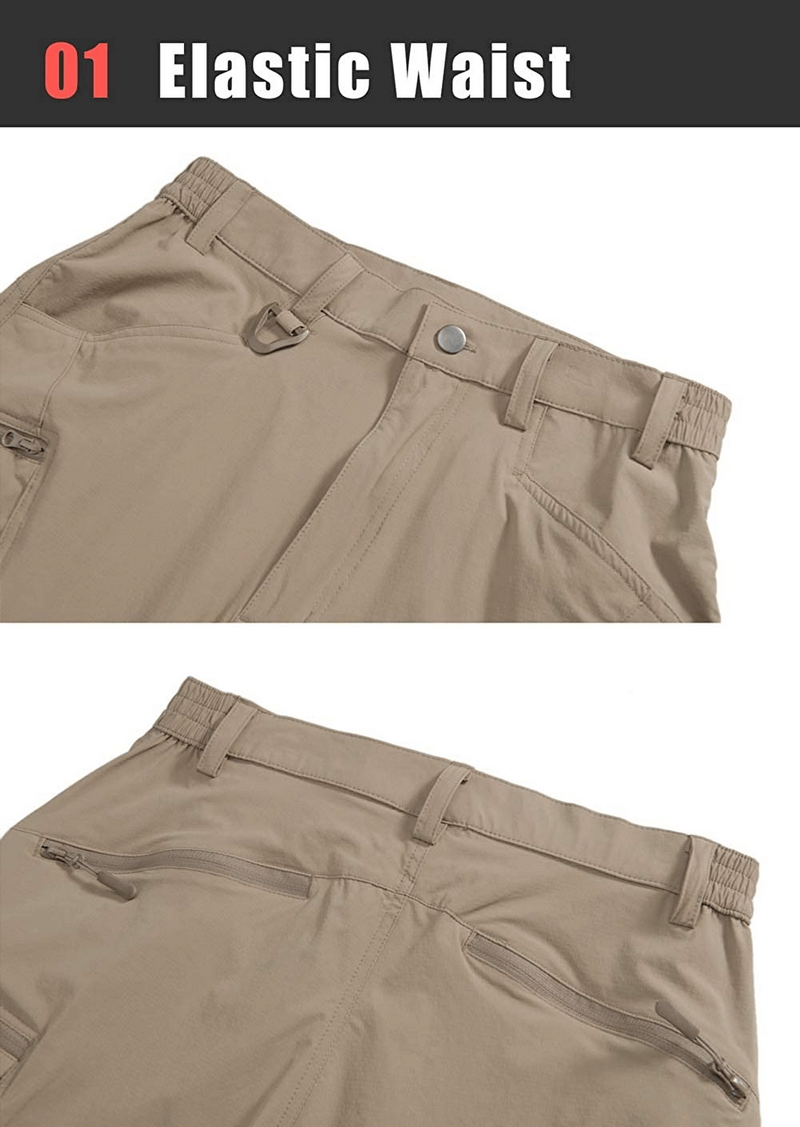Khaki fishing pants with elastic waist and zipper pockets; ideal for comfort on fishing trips, style SF0393.