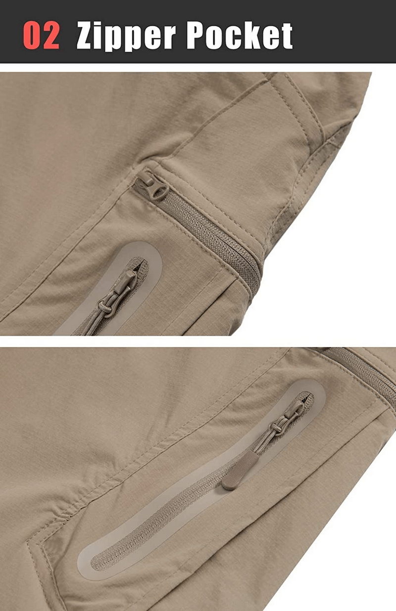 Close-up of khaki fishing pants showcasing convenient zipper pockets, ideal for storing essentials on outdoor adventures.