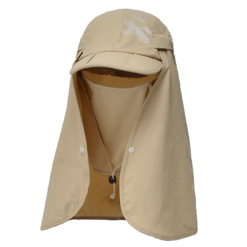 Beige waterproof adjustable sun hat with neck flap for hiking, ideal for outdoor adventures. Model SF0391, unisex with sunshade protection.