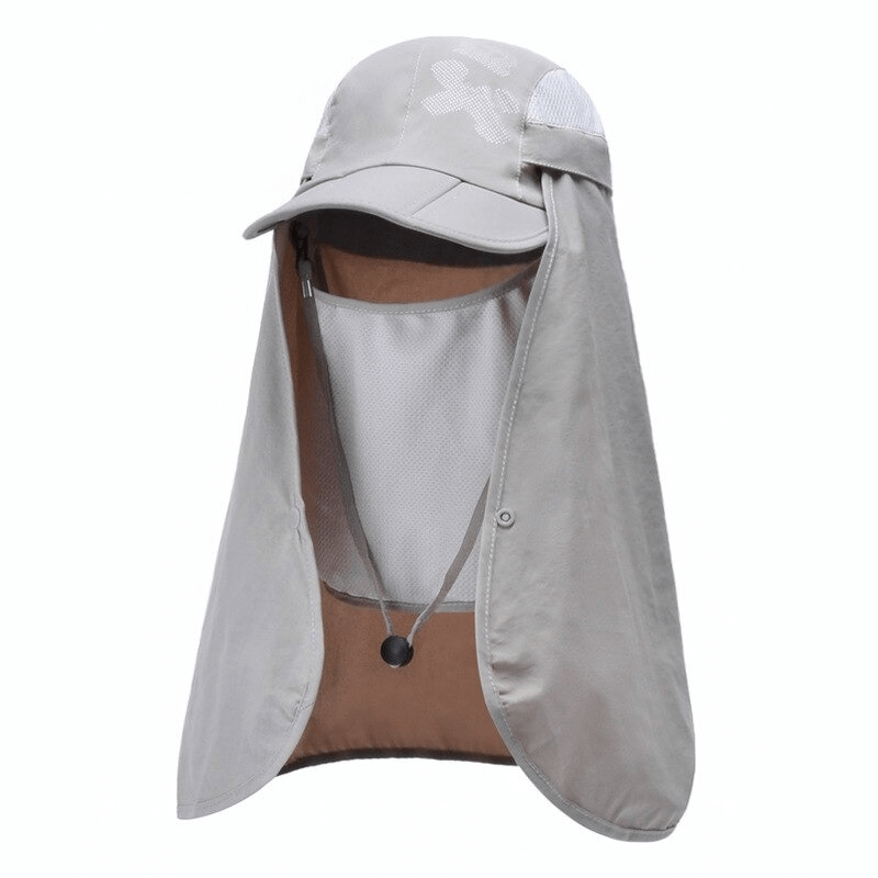 Waterproof adjustable sun hat with neck flap for hiking, unisex outdoor gear, offers sunshade and water protection, gray color.