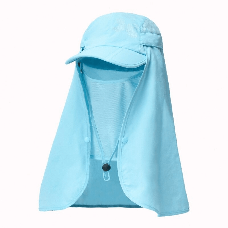 Waterproof adjustable sun hat with neck flap in light blue, ideal for hiking and outdoor protection. Unisex design, SF0391.