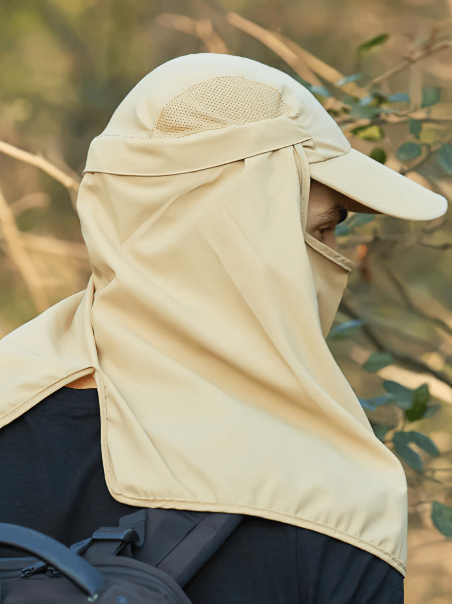Unisex waterproof sun hat with adjustable neck flap for hiking, offering sunshade protection outdoors.