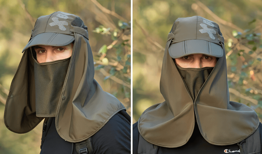 Outdoor waterproof sun hat with neck flap, perfect for hiking; shown on model, olive green color, unisex style model SF0391