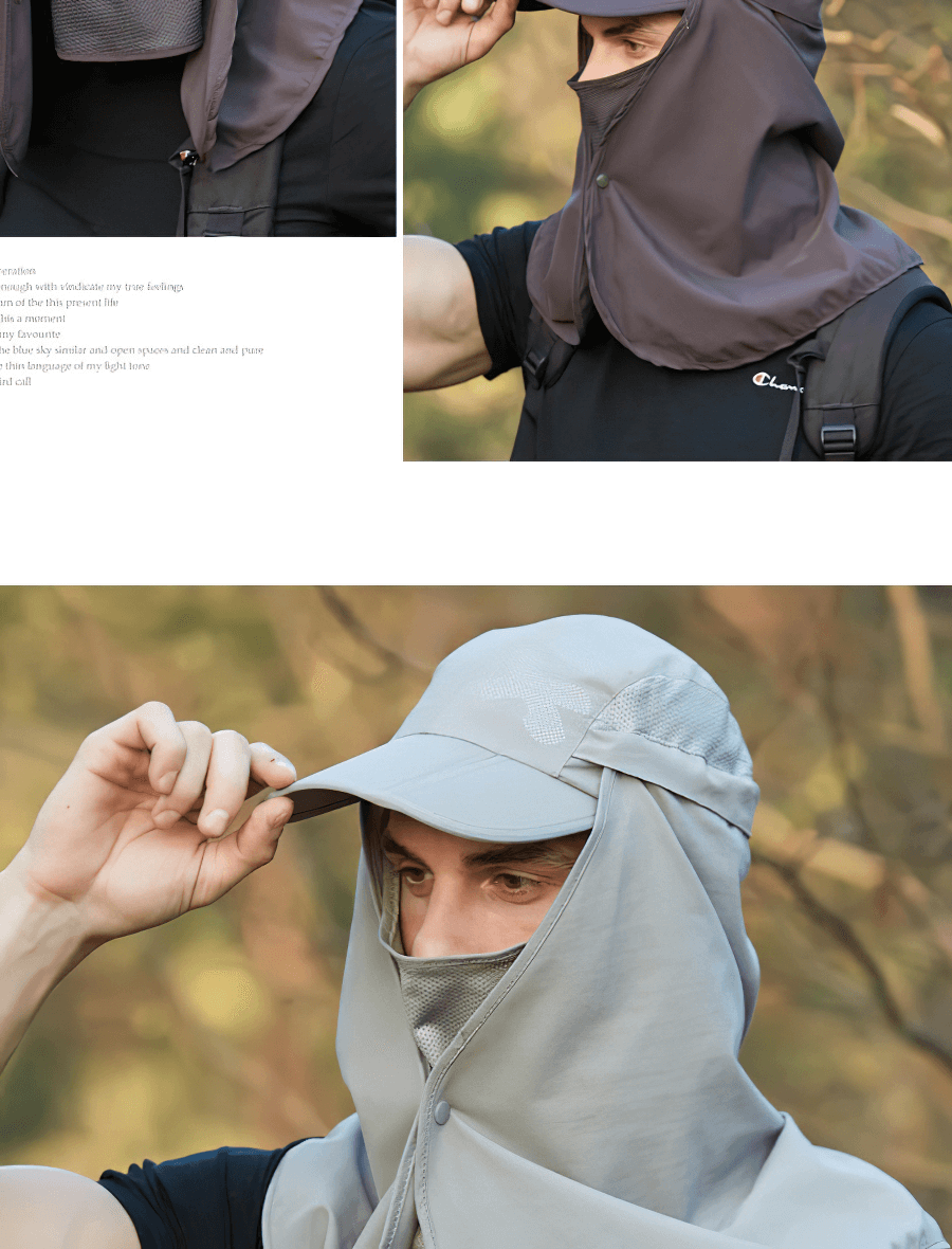 Waterproof adjustable sun hat with neck flap for hiking, showing unisex design for outdoor activities and sunshade protection.