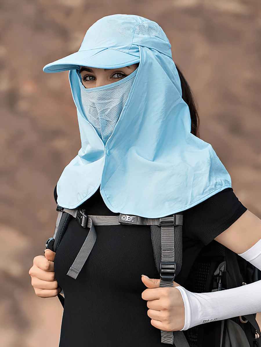 Unisex waterproof adjustable hiking sun hat with neck flap for outdoor adventures, offering sunshade and water protection.