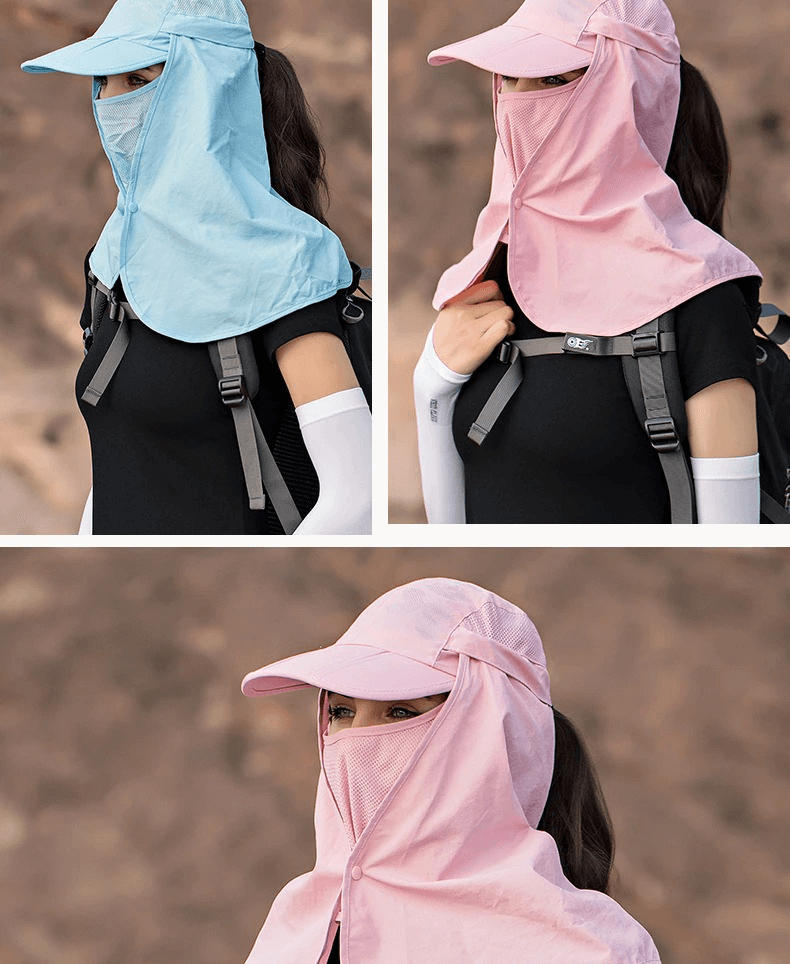 Unisex waterproof adjustable sun hat with neck flap for hiking, shown in blue and pink, perfect for outdoor sunshade protection.