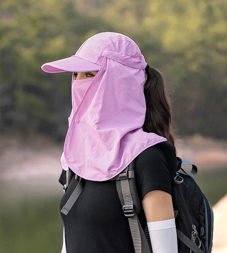 Unisex waterproof adjustable sun hat with neck flap in pink for hiking, providing sunshade and water protection on outdoor adventures.