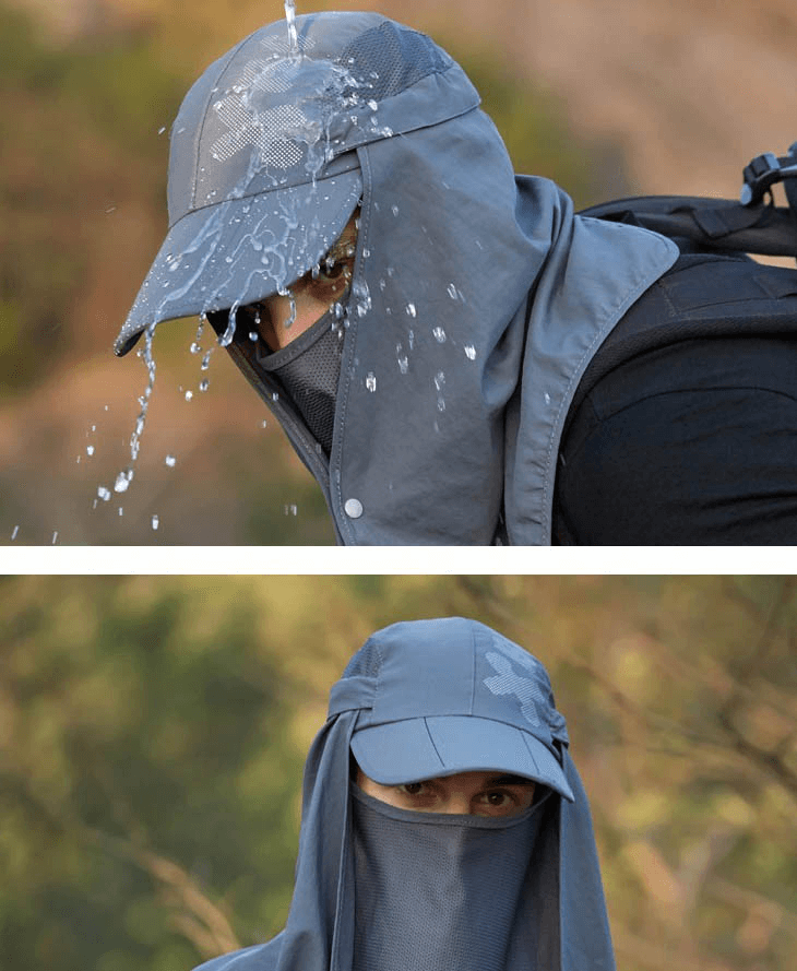 Model wearing waterproof adjustable sun hat with neck flap for hiking, showcasing unisex outdoor design and sun protection features.