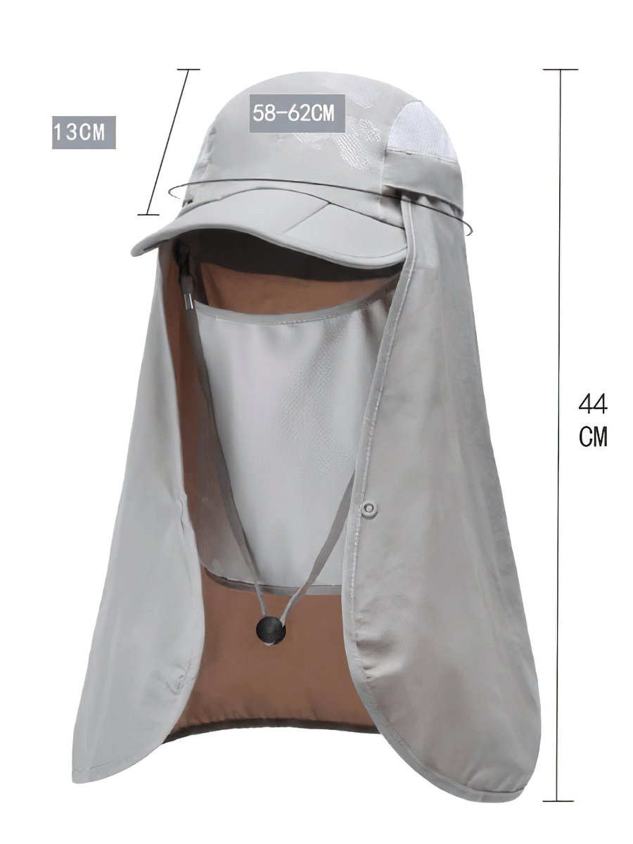 Waterproof adjustable sun hat with neck flap, perfect for hiking, unisex, offering sunshade and water protection, grey color.