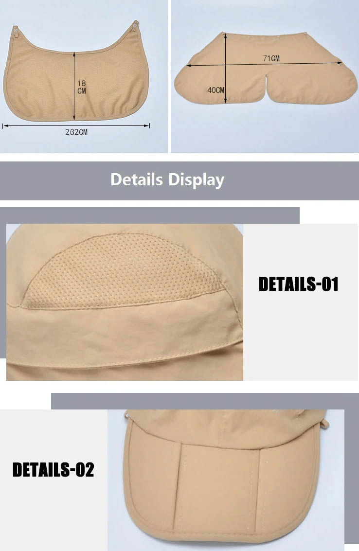 Close-up details of a waterproof adjustable sun hat with neck flap for hiking, showing its breathable fabric and sunshade design.