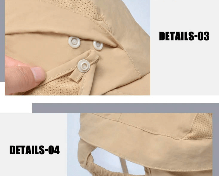 Close-up of waterproof adjustable sun hat's snap buttons and neck flap, perfect for hiking and outdoor protection, style SF0391.