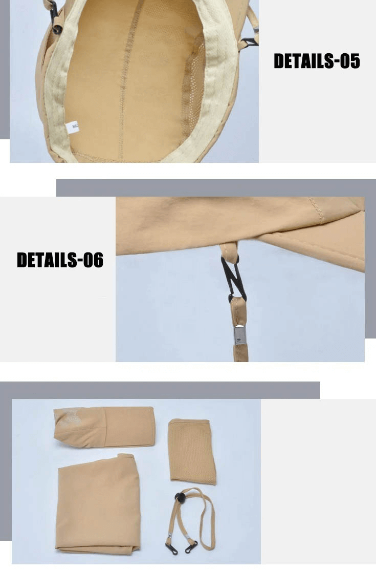 Features of Waterproof Adjustable Sun Hat SF0391 showing interior, neck flap, and accessories for outdoor hiking.