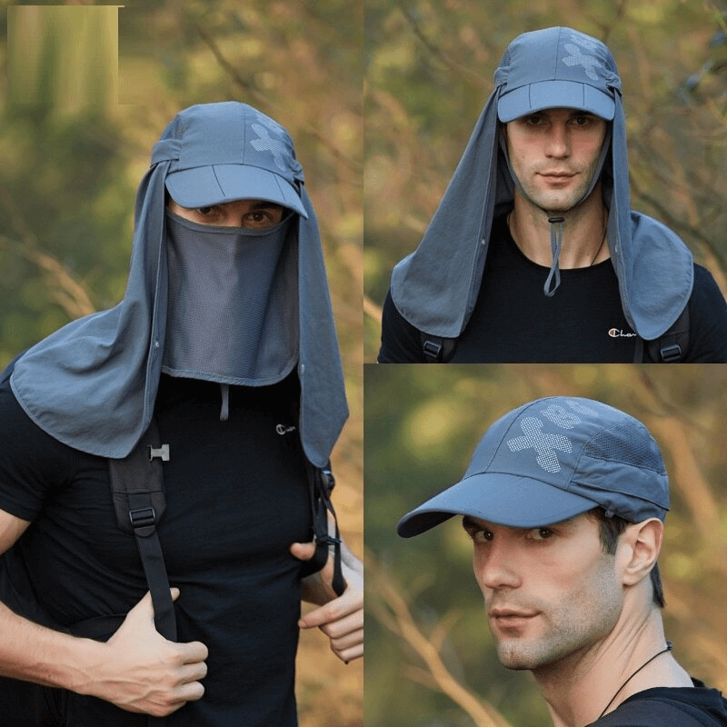 Waterproof adjustable sun hat with neck flap for hiking, shown in outdoor setting. Unisex design for sun and water protection.