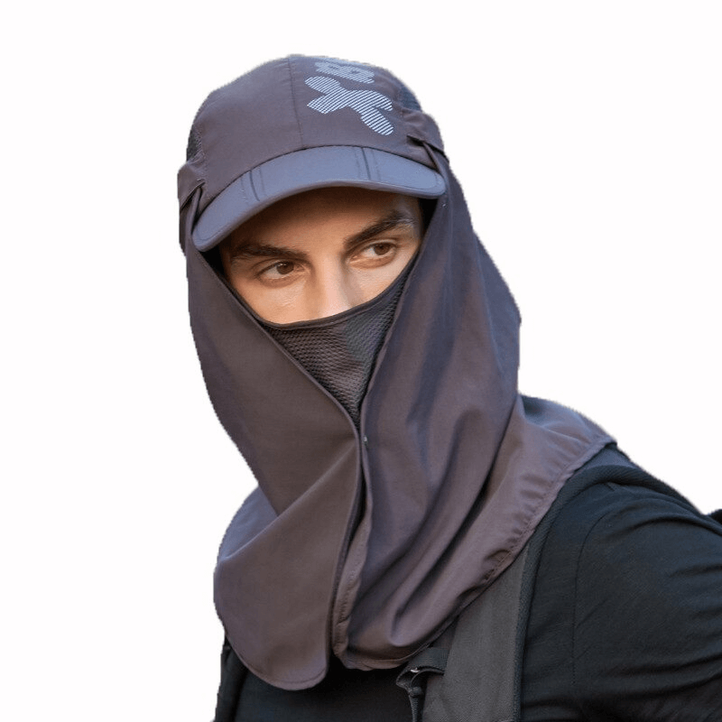 Unisex waterproof adjustable sun hat with neck flap, perfect for hiking and outdoor adventures. Model showcasing sun protection.