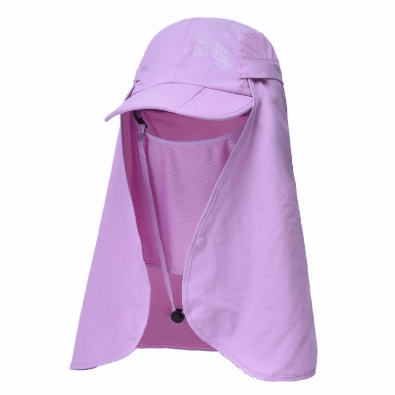 Waterproof unisex adjustable sun hat with neck flap in purple for hiking, offering sun and water protection.