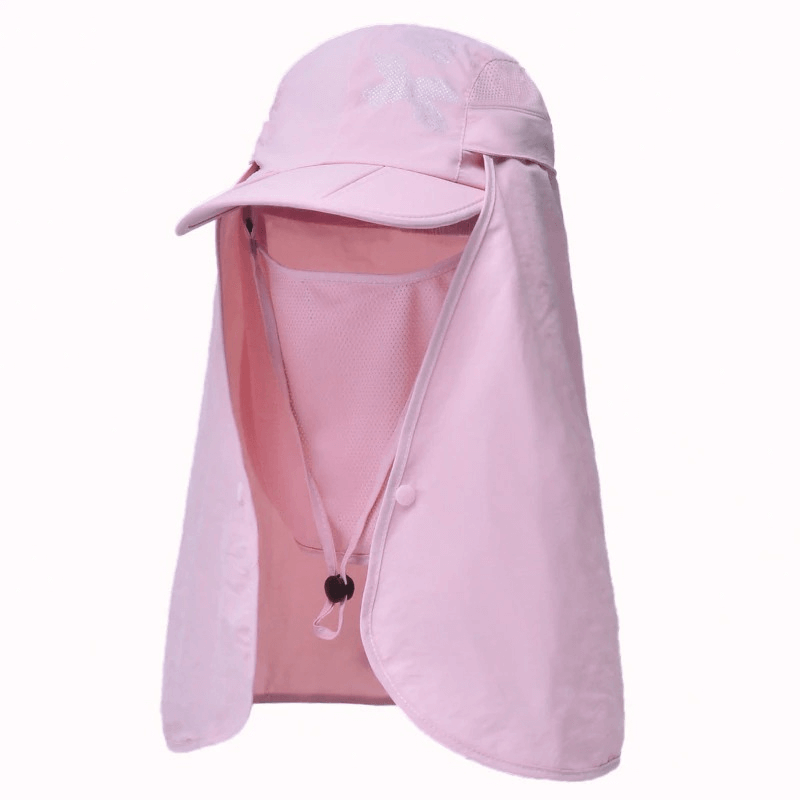 Pink waterproof adjustable sun hat with neck flap for hiking, ideal for outdoor adventures, unisex design for sun and water protection.