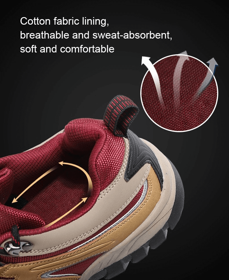 Close-up of men's waterproof trekking shoe with cotton lining and breathable design for comfort.