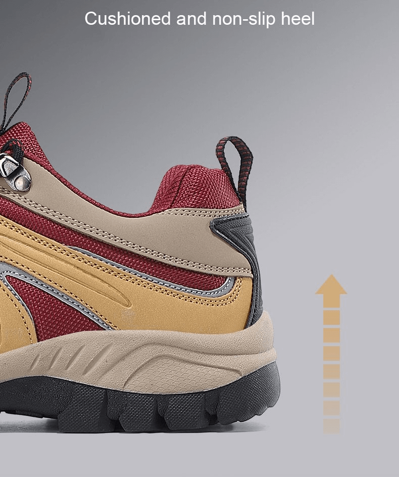Side view of men's waterproof anti-slip trekking shoes with cushioned heel and rubber outsole for secure grip.