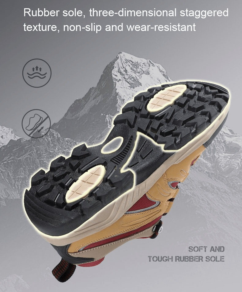 Close-up of non-slip rubber sole on waterproof men's trekking shoes against mountain backdrop.