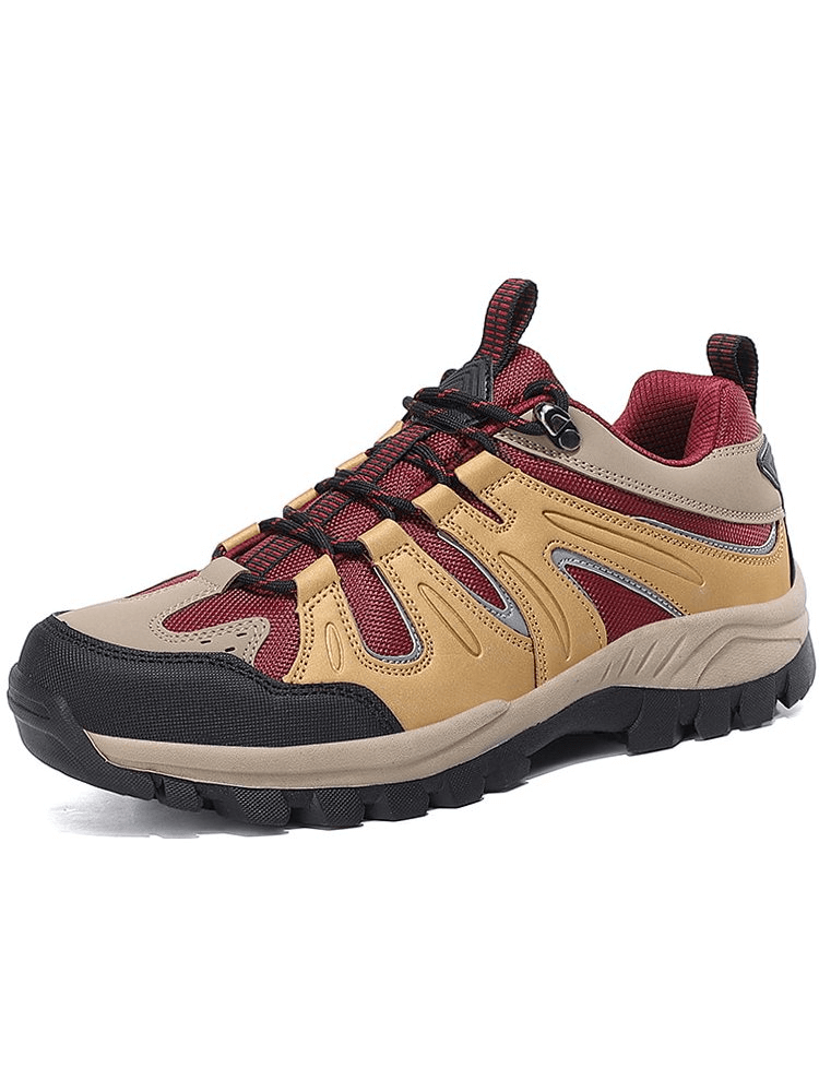 Men's waterproof anti-slip trekking shoes in beige and red with a durable rubber outsole, perfect for outdoor adventures - Model SF0753.