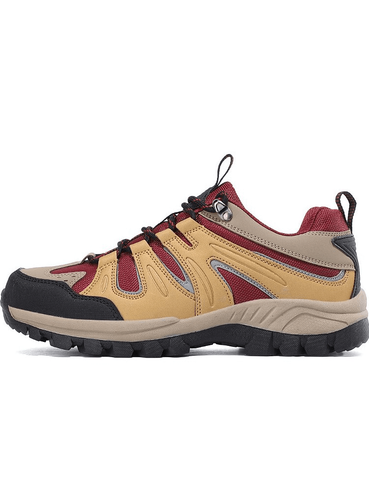 Waterproof anti-slip men's trekking shoes with breathable nylon, rubber outsole, lace-up closure in tan and red design for outdoor adventures.