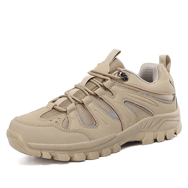 Men's waterproof anti-slip trekking shoes in beige with breathable nylon and durable rubber outsole for outdoor adventures.