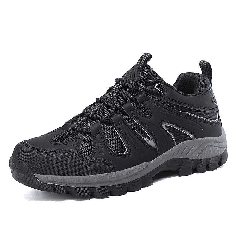Black waterproof anti-slip men's trekking shoes, model SF0753, with durable rubber outsole and breathable nylon, perfect for outdoor adventures.