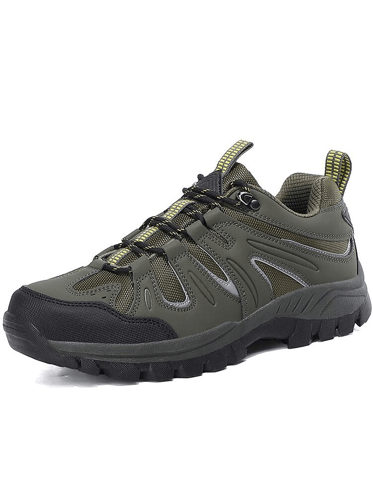 Men's waterproof anti-slip trekking shoe, olive green with black sole, breathable nylon, rubber outsole, and lace-up design.