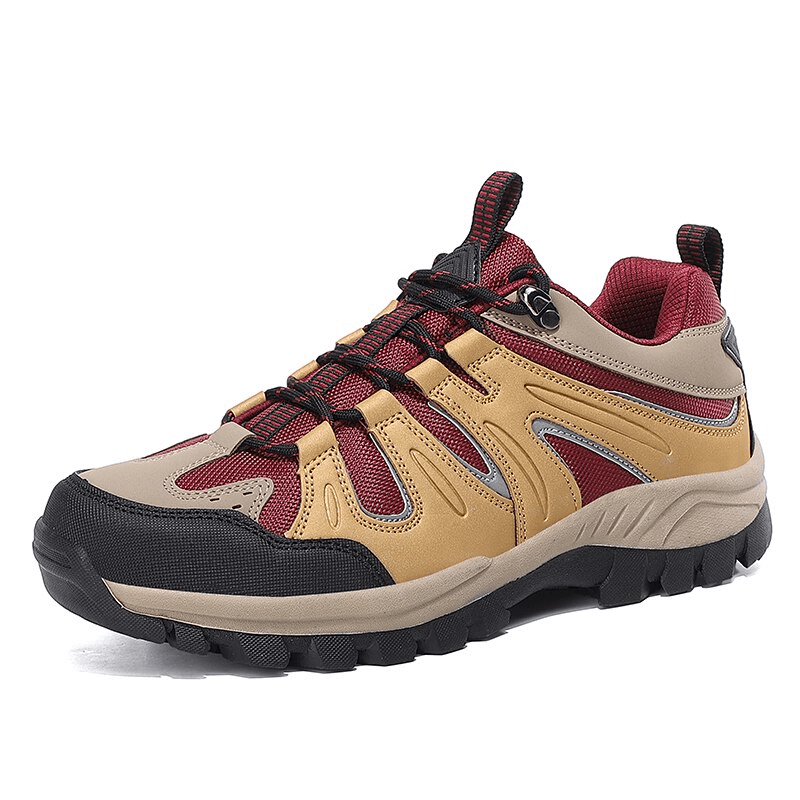 Men's waterproof anti-slip trekking shoe, tan and red, with breathable nylon and rubber outsole for outdoor adventures.