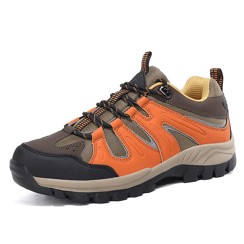 Men's waterproof anti-slip trekking shoe in orange and black, featuring a breathable nylon upper and rubber outsole for outdoor adventures.