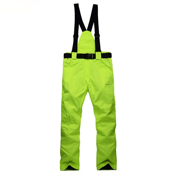 Bright green waterproof breathable ski pants with suspenders, perfect for warmth and comfort on snowy adventures.