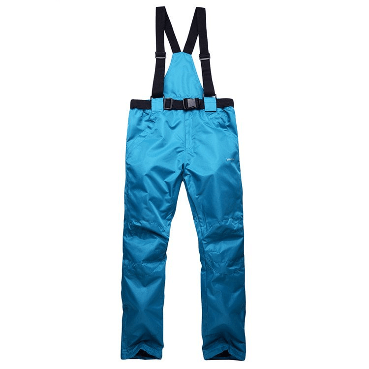 Bright blue waterproof breathable ski pants with suspenders, full-length design for ultimate winter protection and warmth.