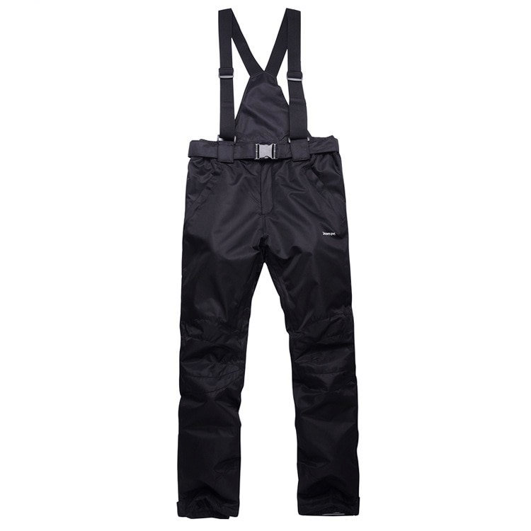 Black waterproof breathable insulated ski pants with suspenders, nylon and polyester blend, SF0798, full-length winter wear.