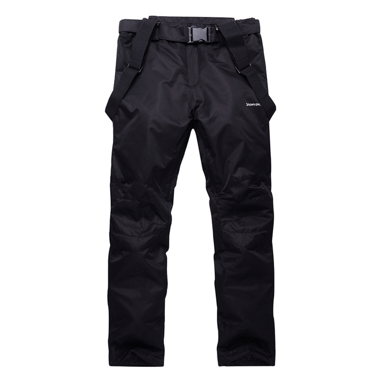 Black waterproof breathable insulated ski pants with suspenders, ideal for winter sports, featuring full-length design and secure fit.
