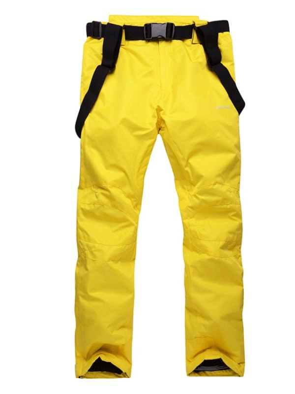 Yellow waterproof breathable insulated ski pants with suspenders, full-length design, zipper fly, made of nylon and polyester.