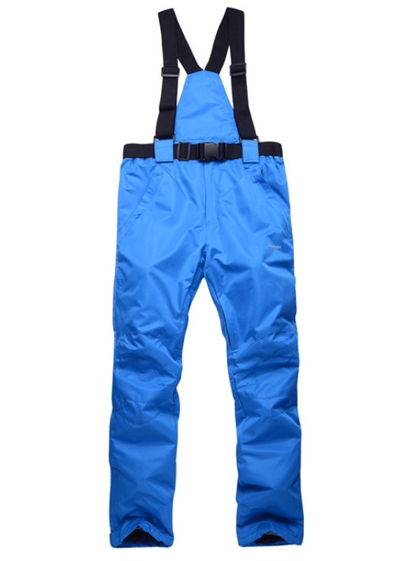 Bright blue waterproof breathable ski pants with suspenders, designed for comfort and warmth in snowy conditions.