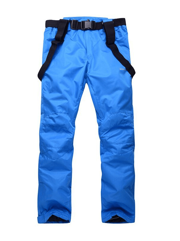 Waterproof breathable insulated ski pants with suspenders in vibrant blue for comfort and warmth on the slopes.
