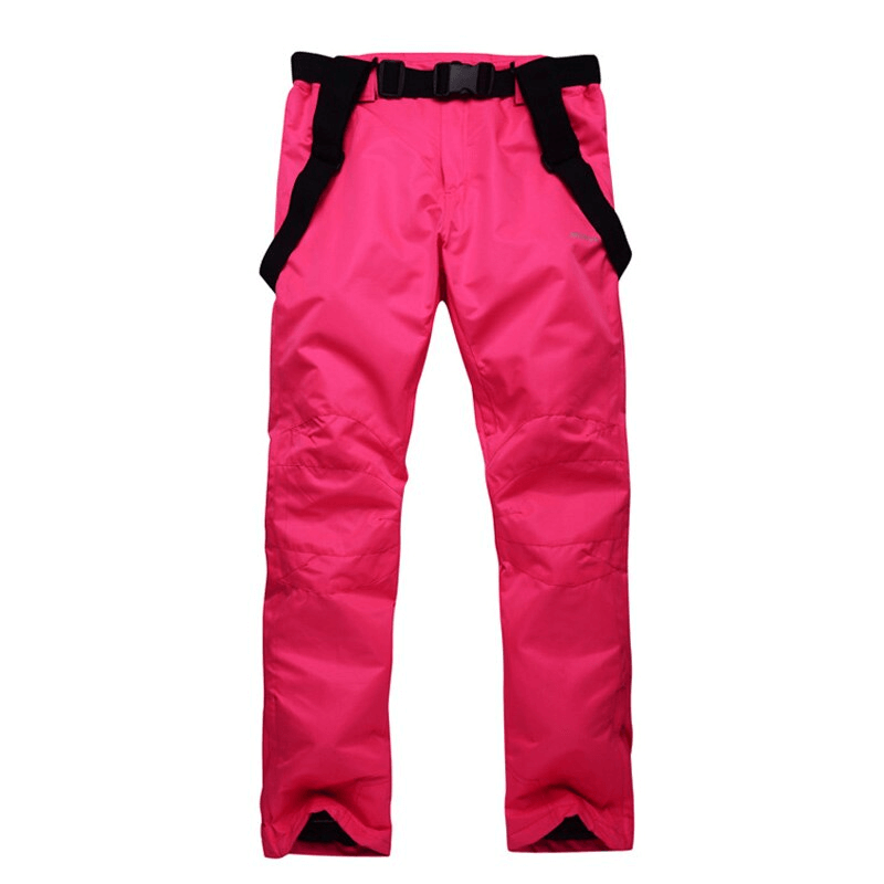 Bright pink waterproof breathable insulated ski pants with black suspenders, perfect for winter sports.