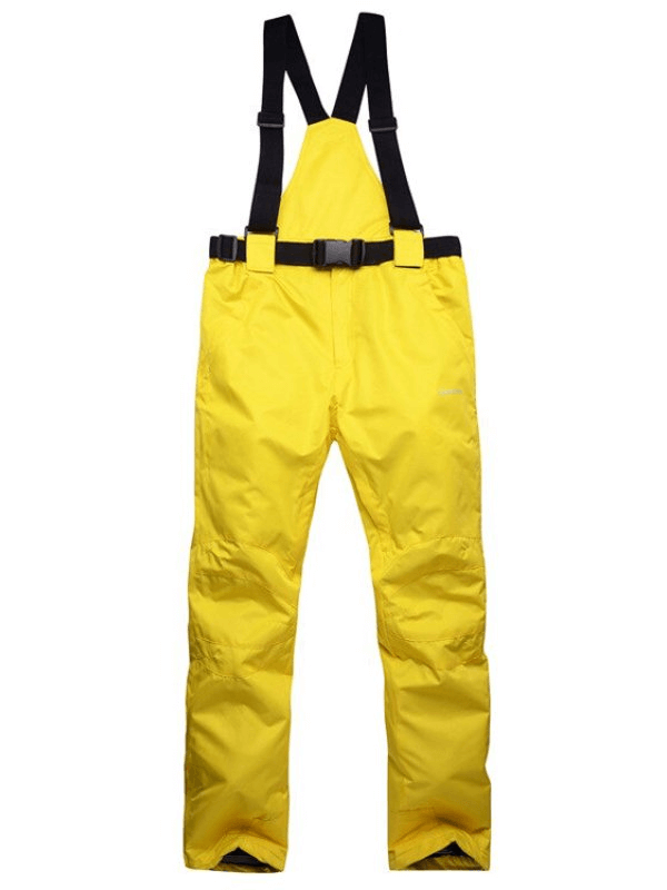 Yellow waterproof breathable insulated ski pants with suspenders, full-length with zipper fly, ideal for cold weather skiing.