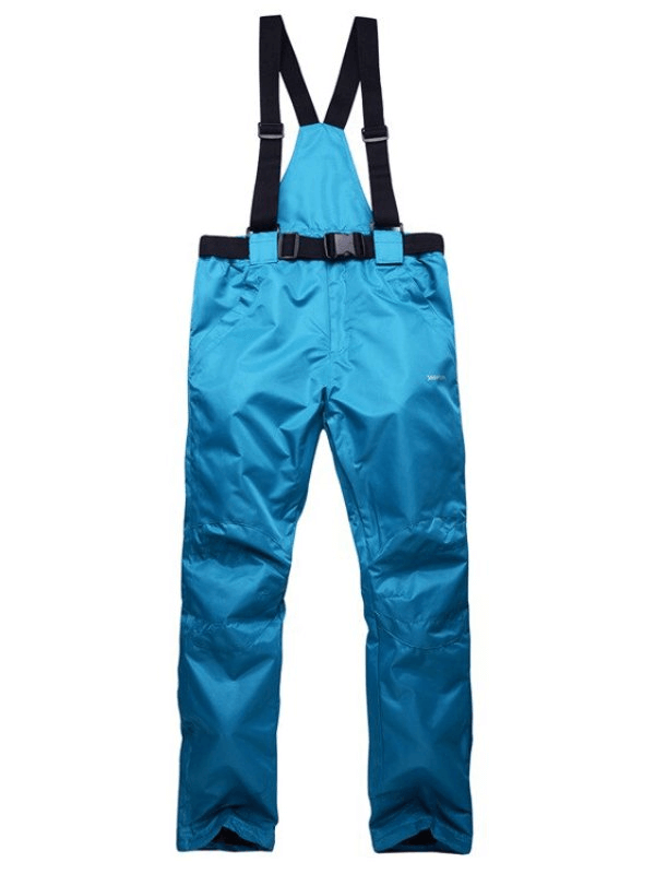 Blue waterproof breathable ski pants with suspenders, insulated for warmth, SF0798. Made from durable nylon and polyester blend.
