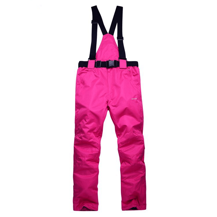 Alt Tag: Bright pink waterproof breathable insulated ski pants with adjustable suspenders, designed for warmth and comfort on the slopes.